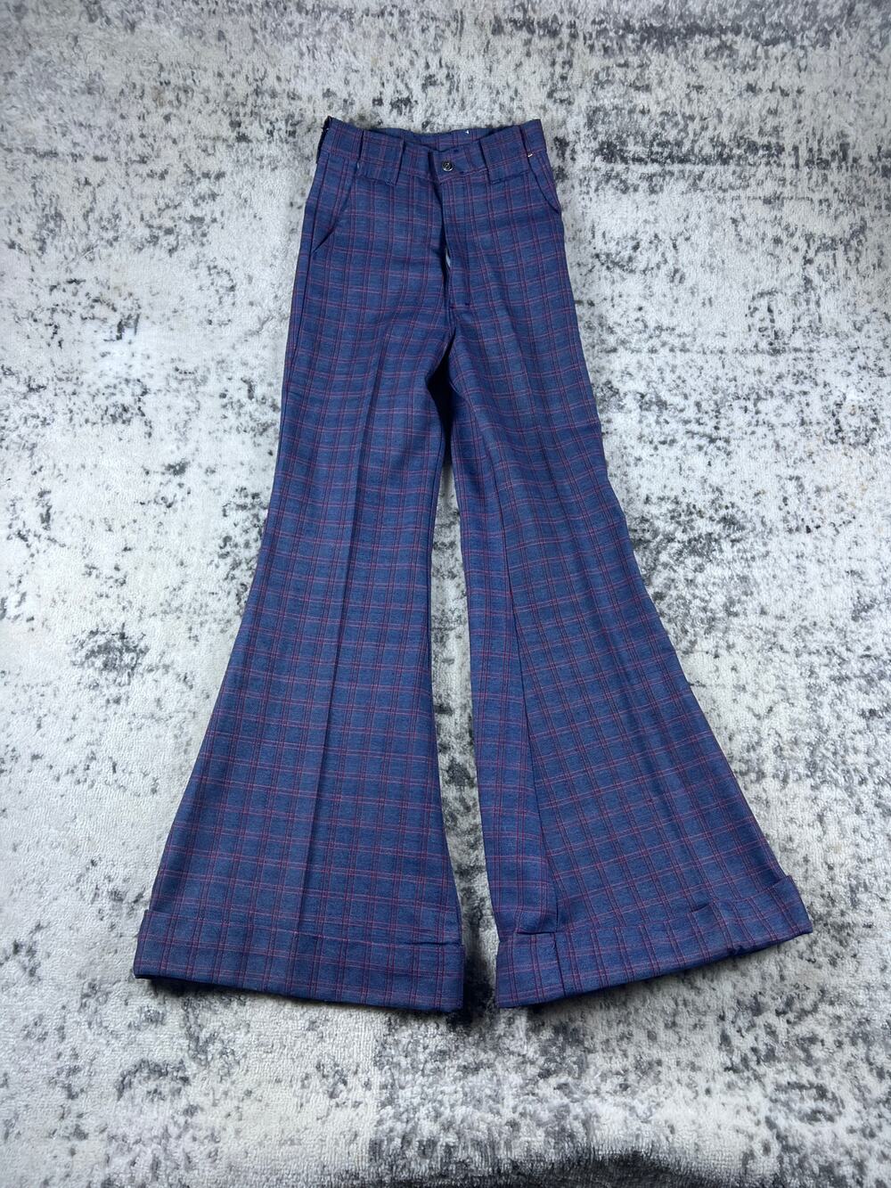 Vintage 70’s Navy Red Plaid Flare Pants High Waist Rise Unique 22x31